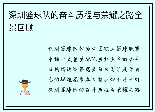 深圳篮球队的奋斗历程与荣耀之路全景回顾